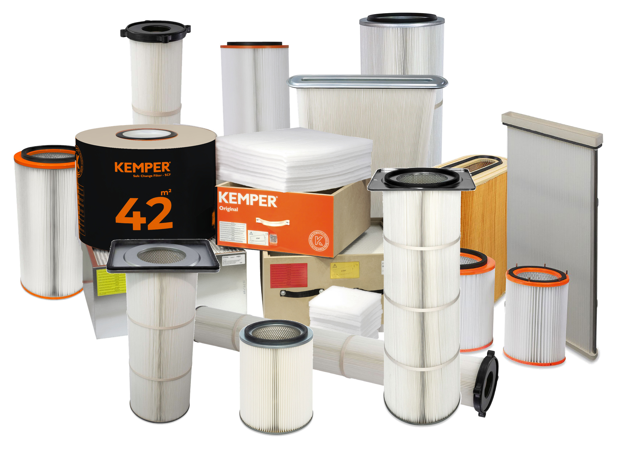Filterpatronen, een Safe Change-filter van 42 m², filtercassettes, filterplaten en voorfiltermatten voor afzuiginstallaties